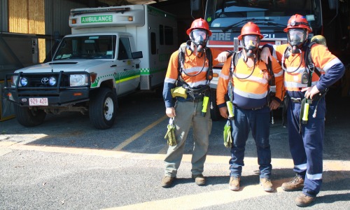 Scott Jaques, Jason Thomsen and Emergency Services Officer Des Purdue complete emergency response breathing apparatus training