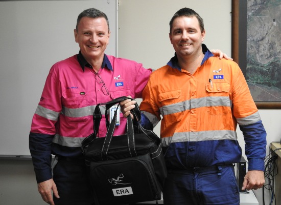 L-R: ERA Chief Executive Paul Arnold congratulates Operations and Maintenance Team Leader Casey McEvoy on his global safety award.